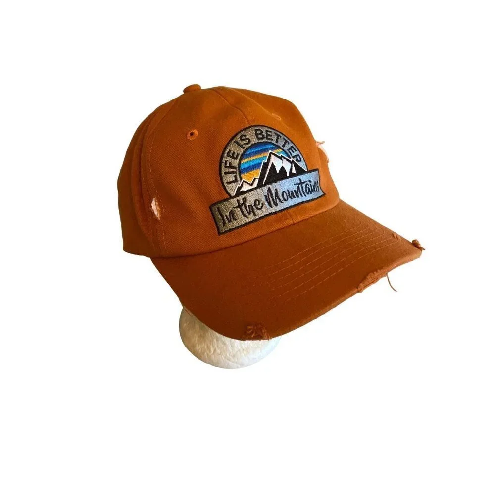 Life is Better in the Mountains Orange Distressed Hat Cap‎ Adjustable